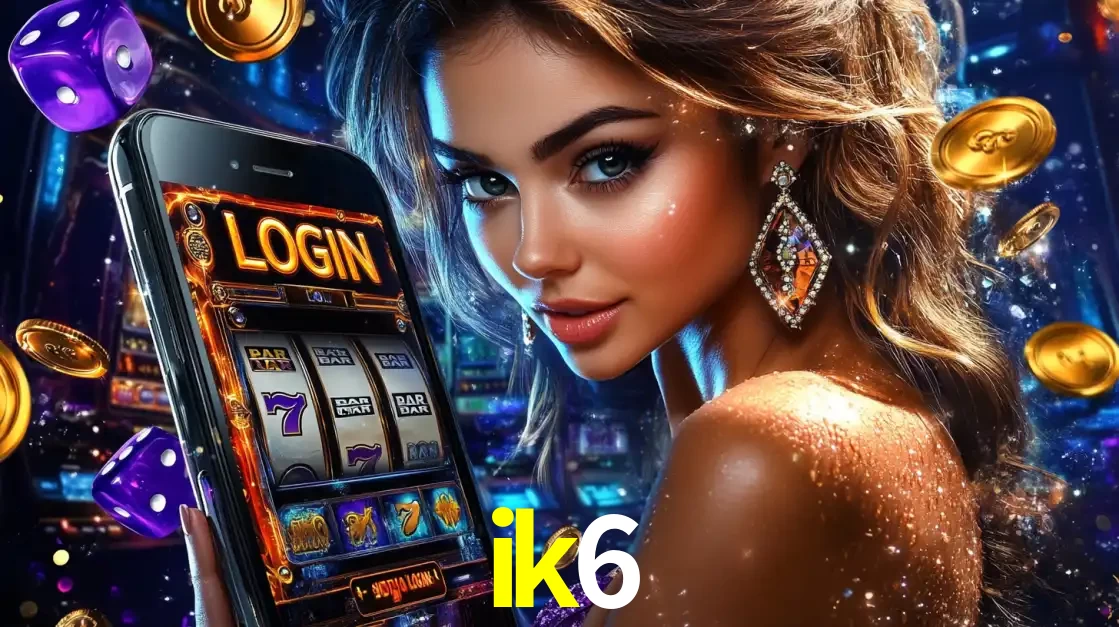 Mulher glamorosa segurando um smartphone com a tela de login para os jogos de caça-níqueis do cassino online ik6, com moedas de ouro e dados ao redor.