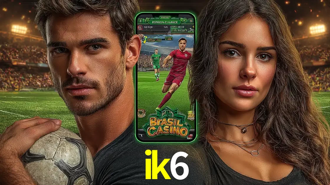 Homem segurando uma bola de futebol e uma mulher ao lado de um smartphone exibindo o jogo de apostas esportivas da ik6. Faça seu palpite no cassino online.